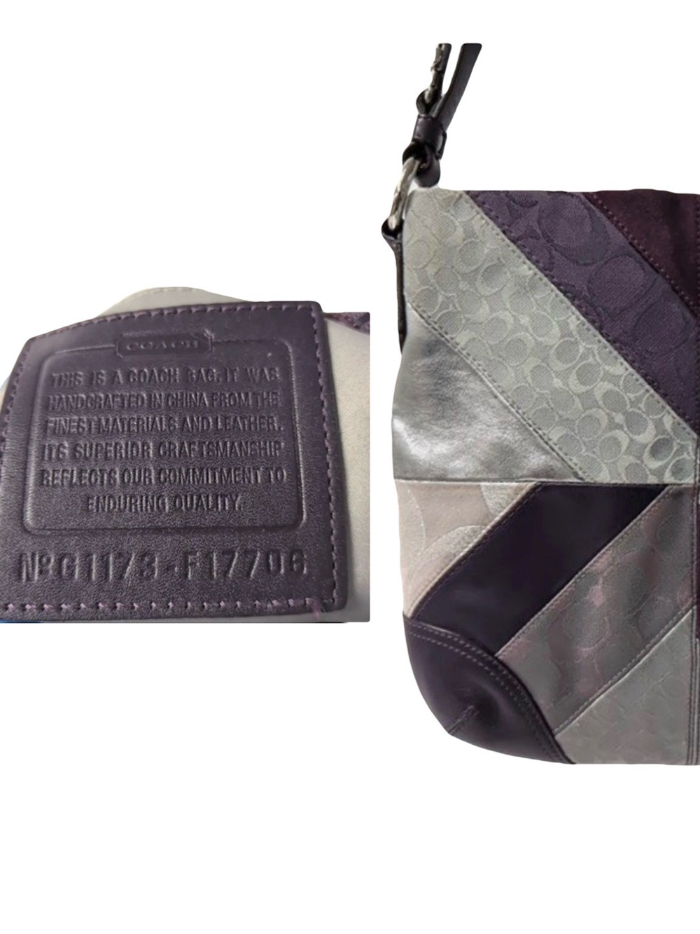 ๐ด Coach Vtg F17706 Gallery Signature Patchwork Purple Leather Suede Shoulder Bag - Picture 10 of 17